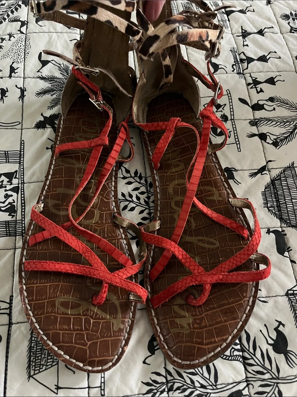Sam Edelman Red Strappy Sandals with Leopard Accent